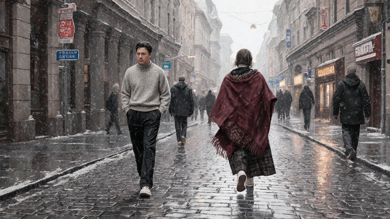 Люди на улице в России: сочетание советского свитера, итальянских брюк и китайских кроссовок в тихих бордовых и серебристых тонах.