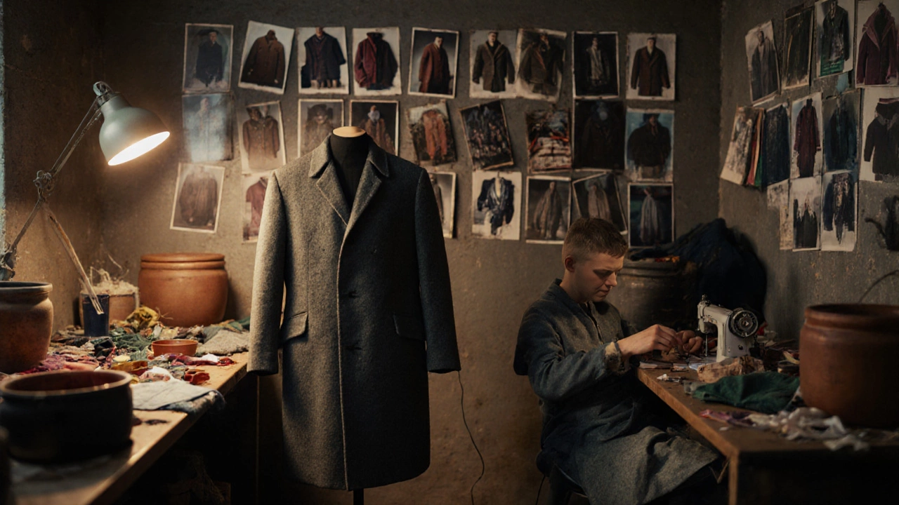 Мастерская в Петербурге: руки шьют старое пальто в новый жакет, вокруг — обрезки тканей и краски, тёплый свет лампы.