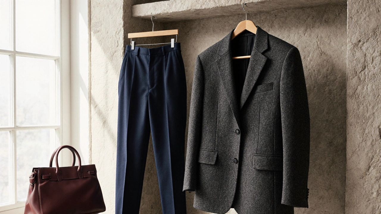 Минималистичная композиция серого пиджака, синих брюк и бордовой сумки на деревянной полке.