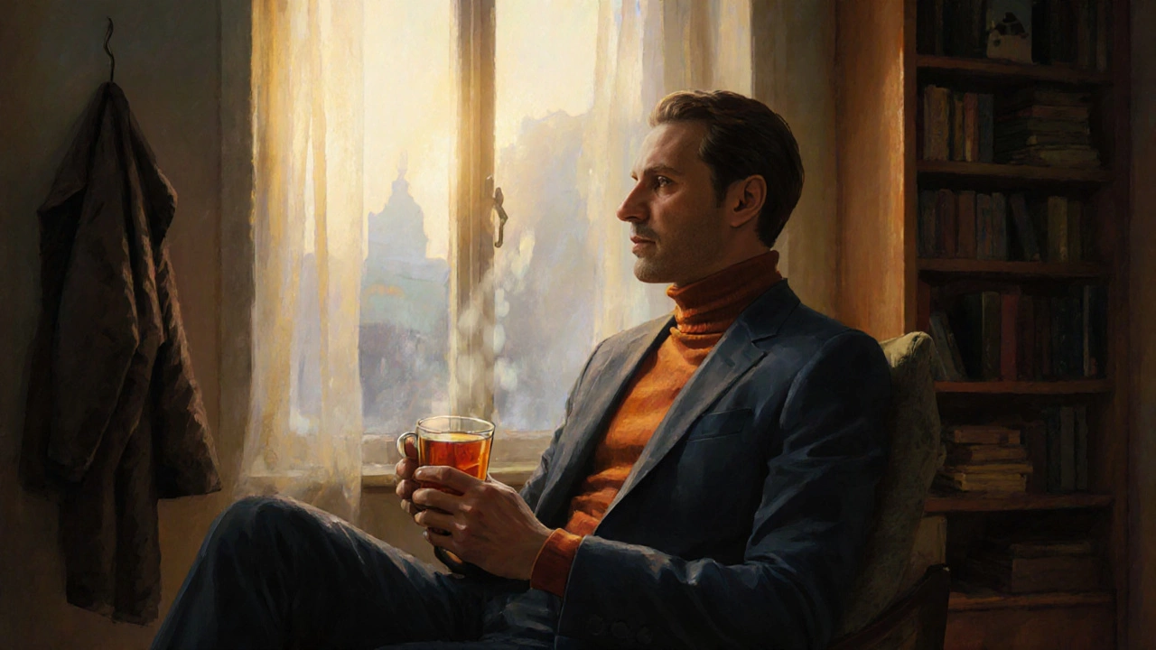 Мужчина у окна в серо-синем костюме и терракотовом водолазке пьет чай в тихом интерьере.