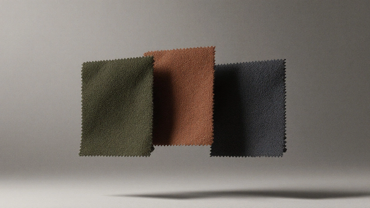Три текстурированных отреза ткани: оливковый, терракотовый и темно-серый с синим отливом, парят на сером фоне.