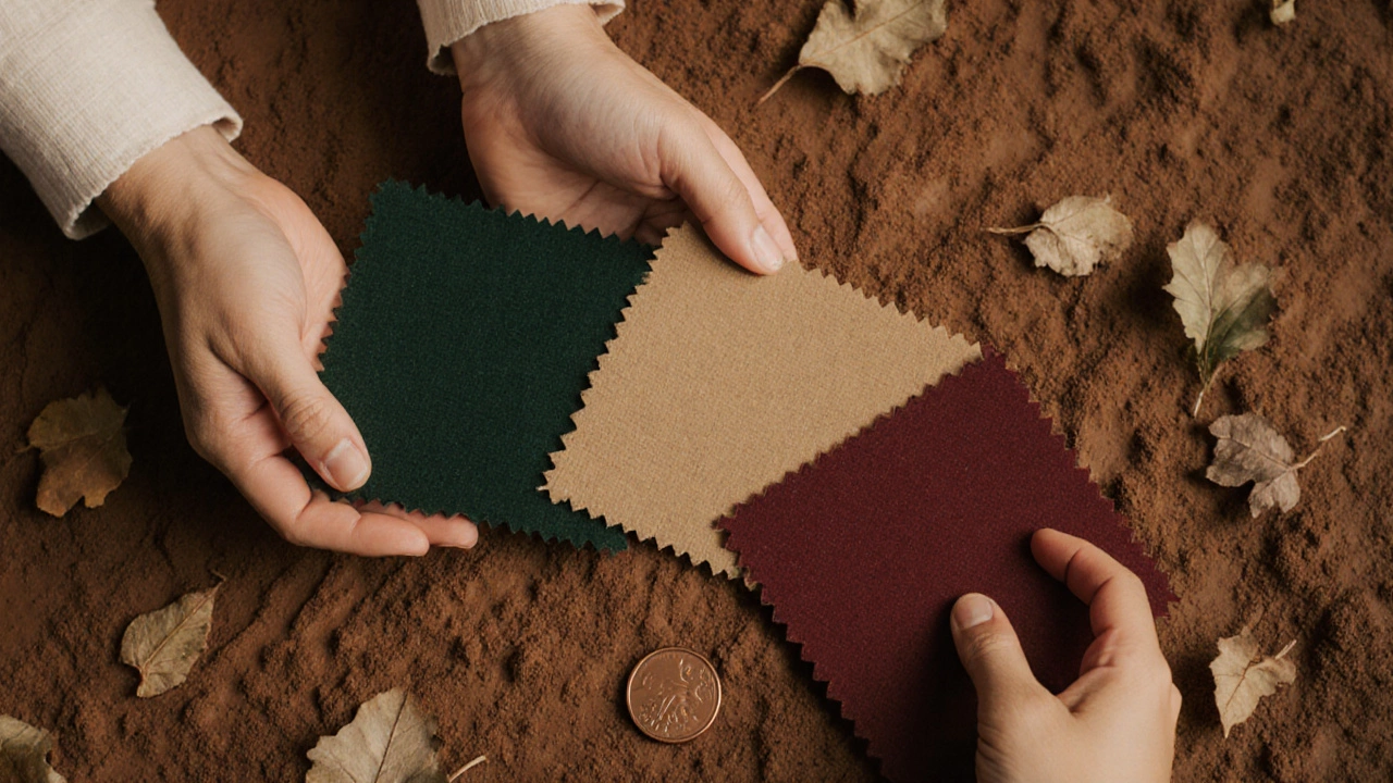 Три тканевых лоскута — темно-зеленый, бежевый и бордовый — на глиняной поверхности с листьями и медной монетой.