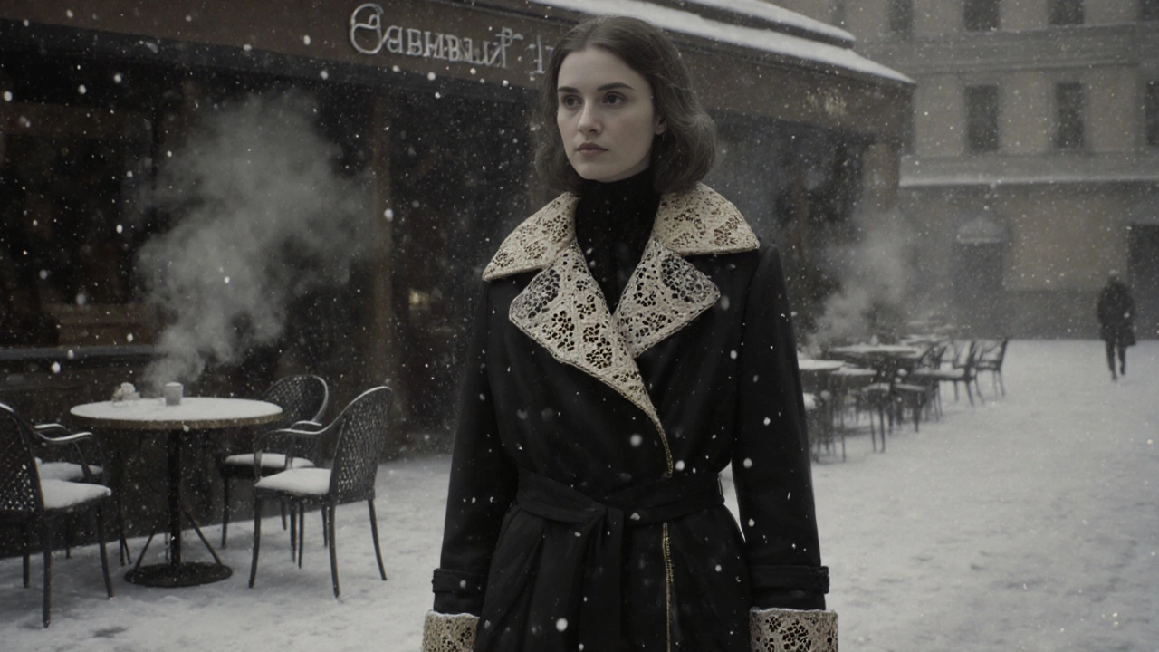 Зимнее пальто с намеком на кружевную подкладку у воротника, снег падает вокруг в русском дворе.