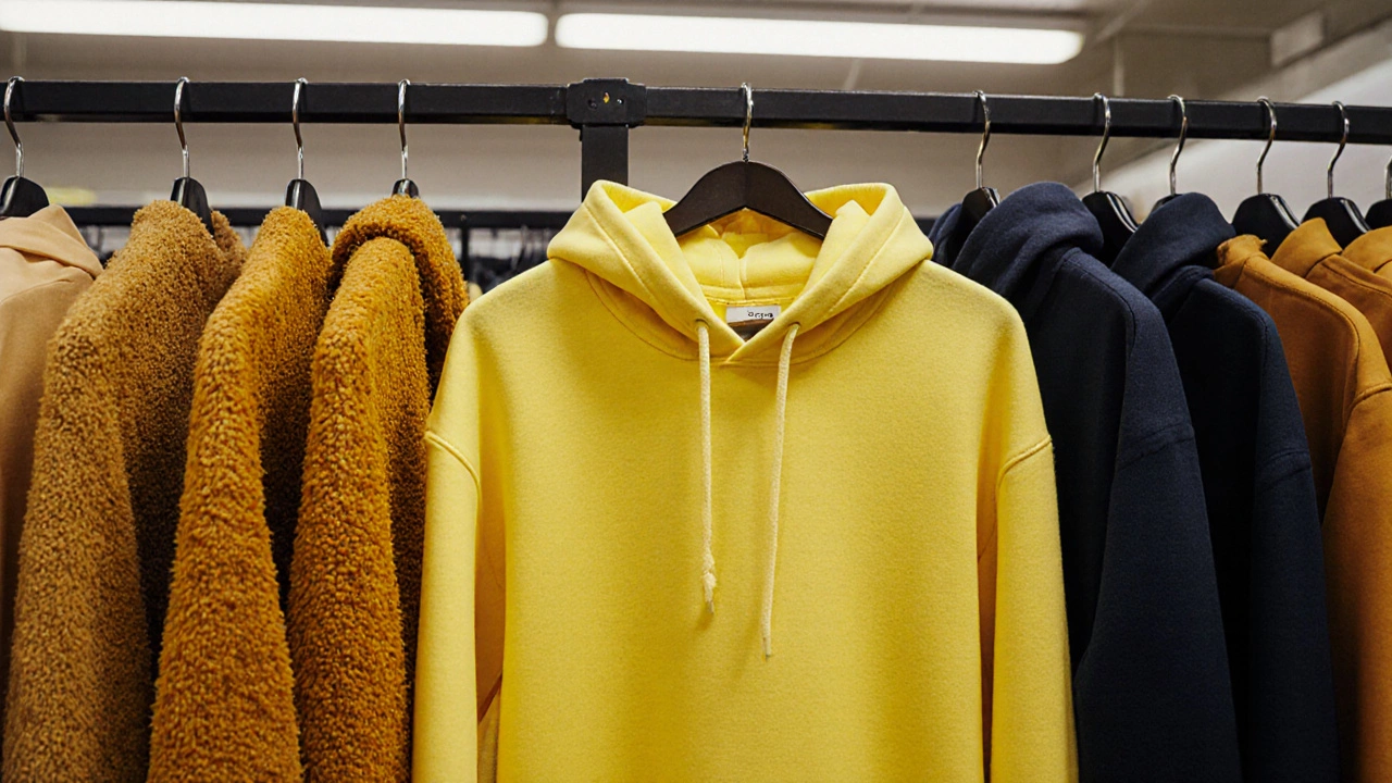 Ярко-желтая кофта на витрине рядом с теплыми, глубокими оттенками одежды.
