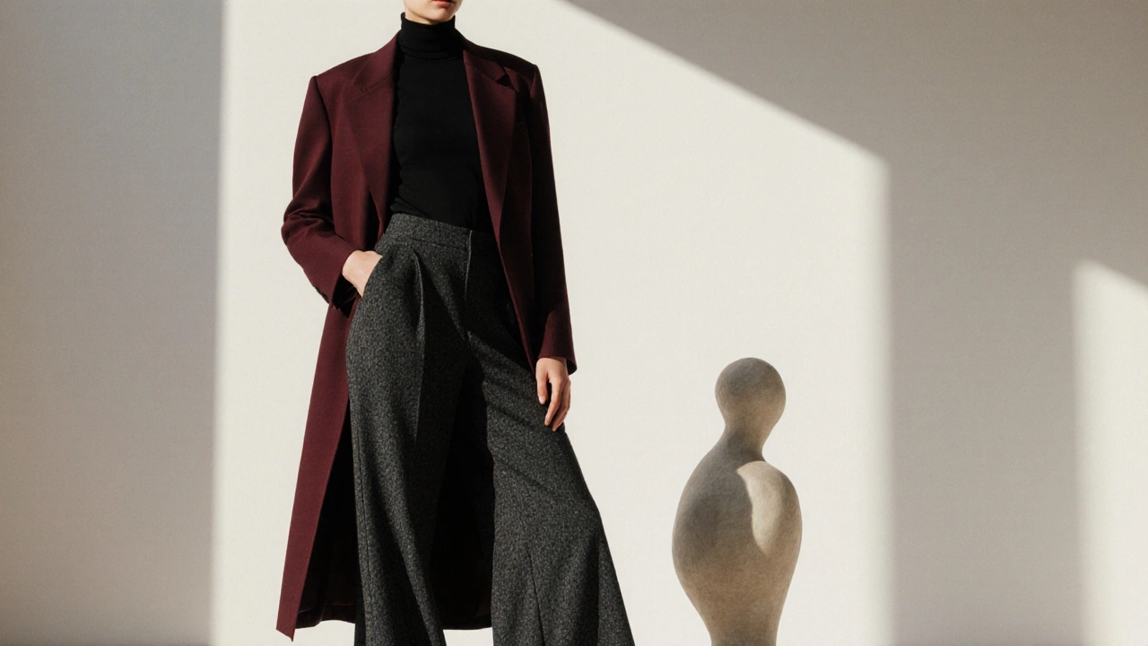 Брюки-бабочки с драпировкой в галерее под мягким светом.