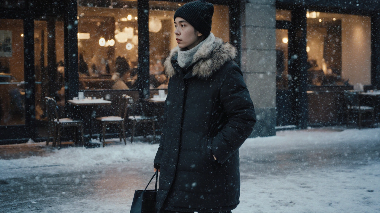 Человек в легкой зимней куртке Uniqlo идет по снежной улице в Москве при -25°C.