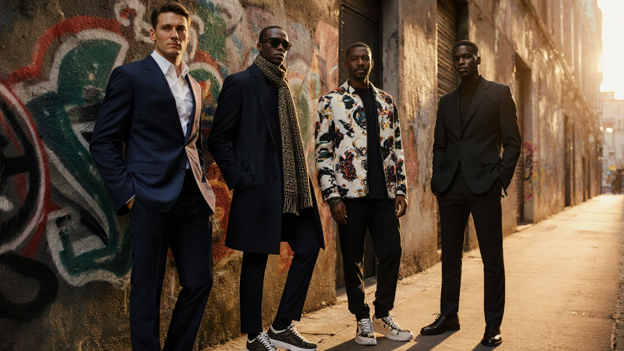 Четыре стиля мужской моды в городском переулке: классик, уличный стилист, арт-мужчина и минималист.