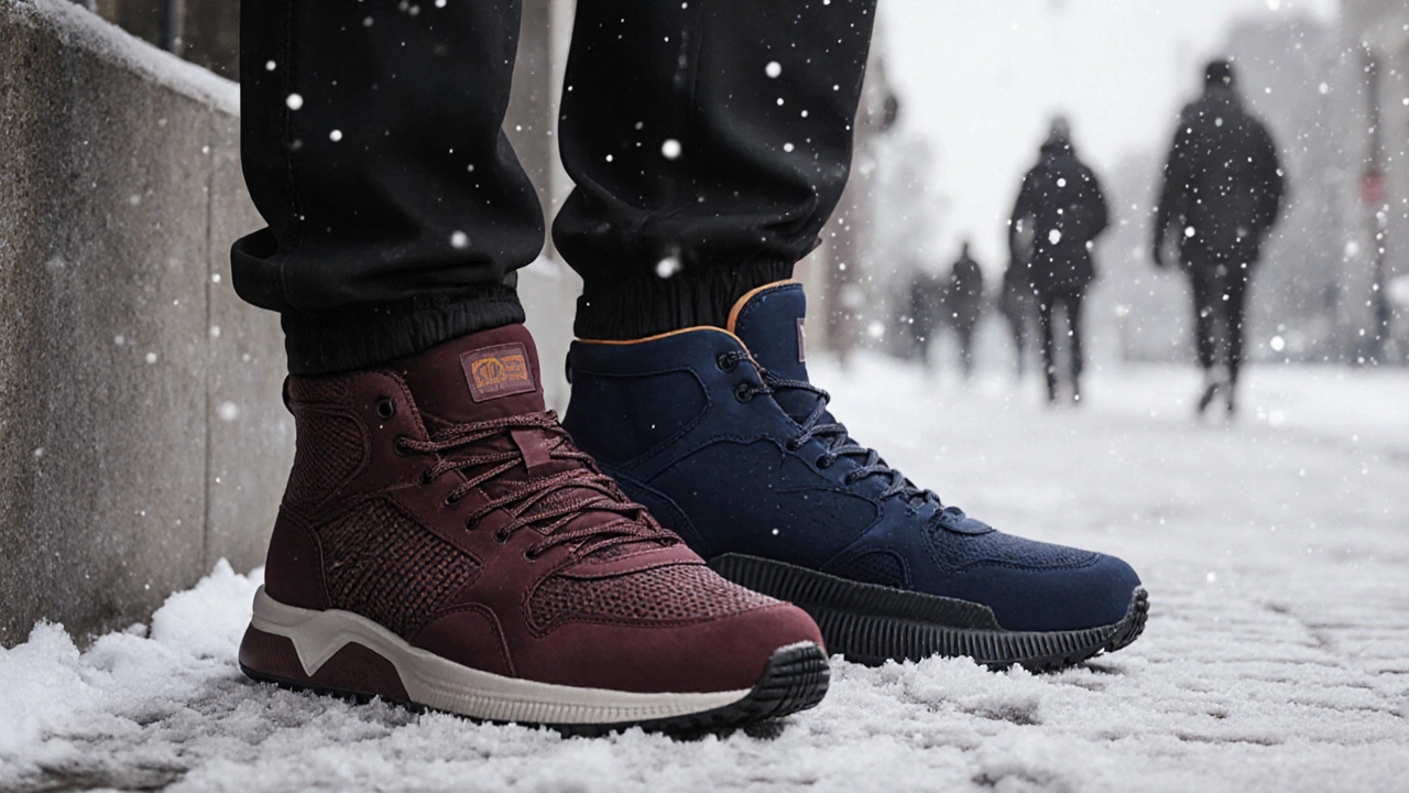 Две пары зимних кроссовок — бордовая и темно-синяя — лежат на снегу рядом с отпечатками шагов.