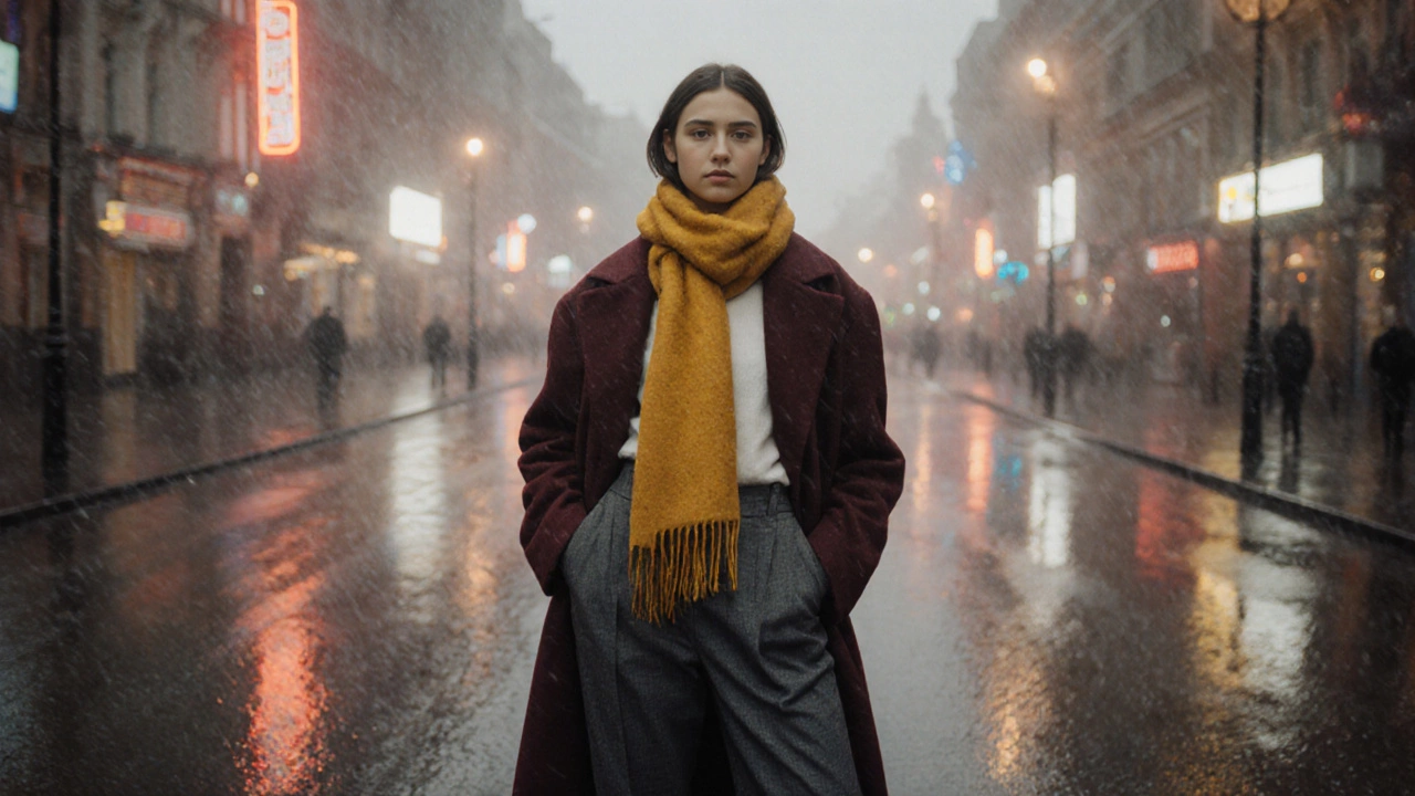 Маслянисто-желтый шарф поверх бордового пальто в дождливый московский вечер.