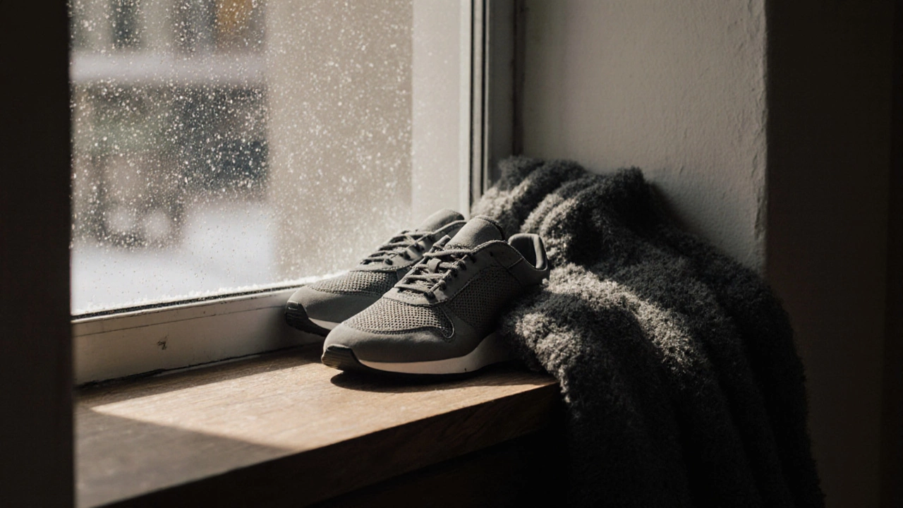 Минималистичная композиция: кроссовки из тканевого материала с перфорацией на деревянной скамье у зимнего окна.