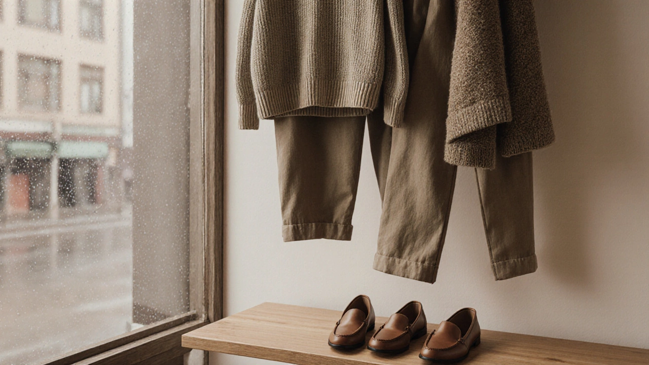 Минималистичный гардероб с оверсайз свитером, брюками и лоферами на деревянной полке, приглушенные цвета.