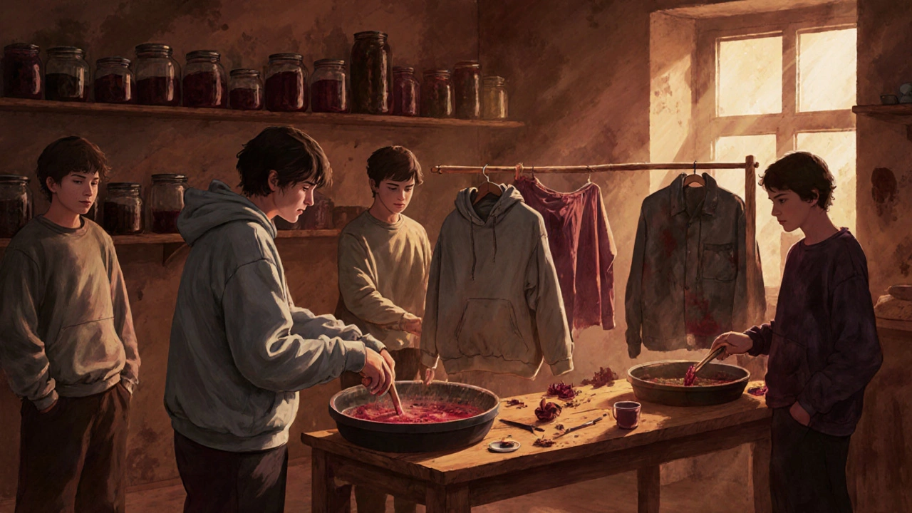 Молодые люди красят одежду натуральными красителями в тёплой мастерской, висящие на верёвках ткани.