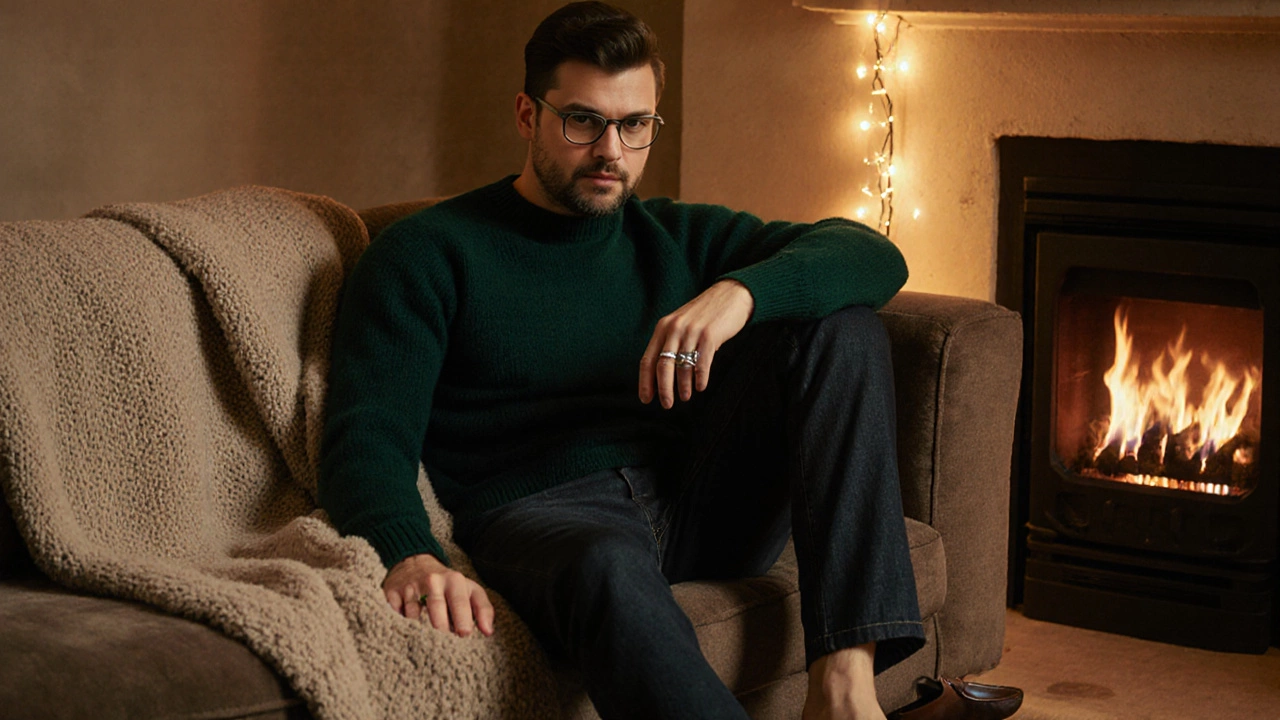 Мужчина в изумрудном кашемировом свитере у камина с пледом