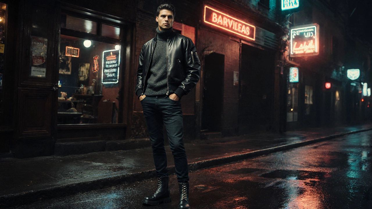 Мужчина в матовой кожаной куртке у бара в ночном городе
