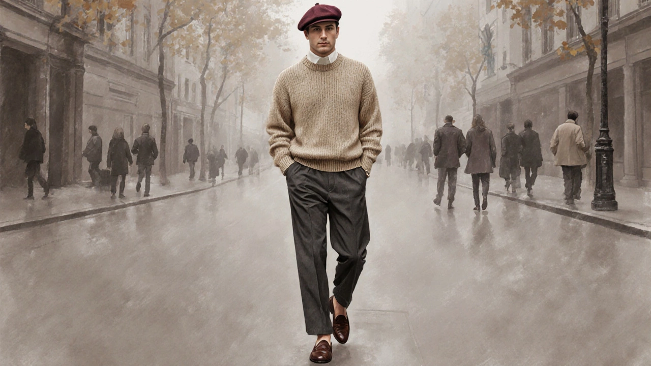 Мужчина в объемном свитере и мягких брюках гуляет по осеннему городу в войлочной шляпе.