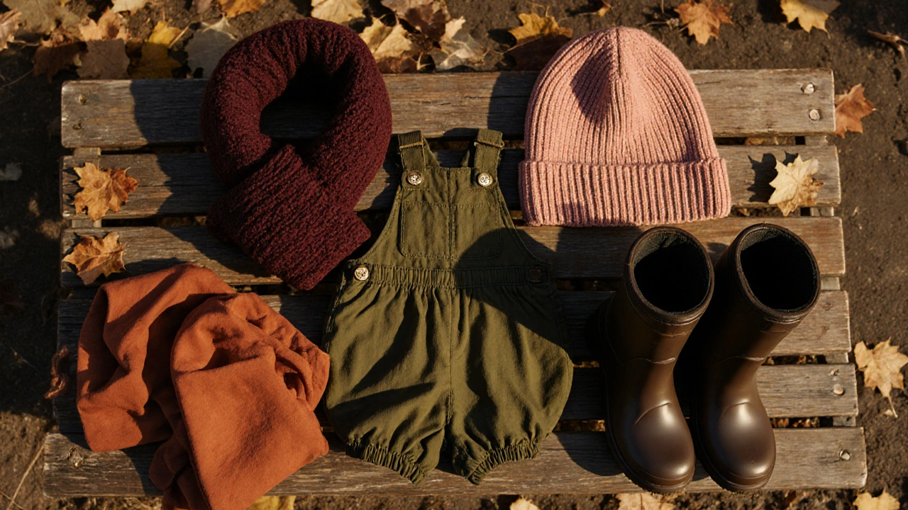 Осенняя детская одежда: бордовый шарф, пыльно-розовая шапка, оливковый комбинезон и коричневые ботинки на деревянной скамейке.