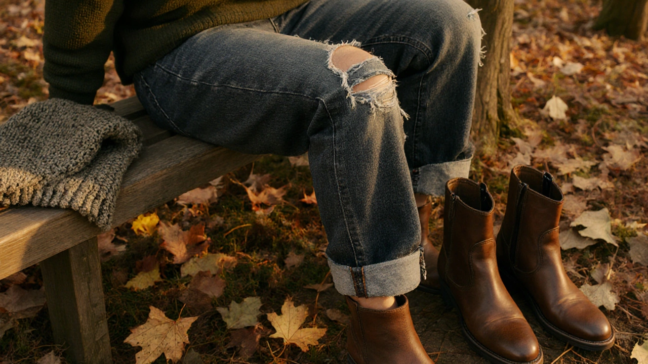 Потёртые джинсы с кожаными ботинками и осенними листьями на деревянной скамейке.