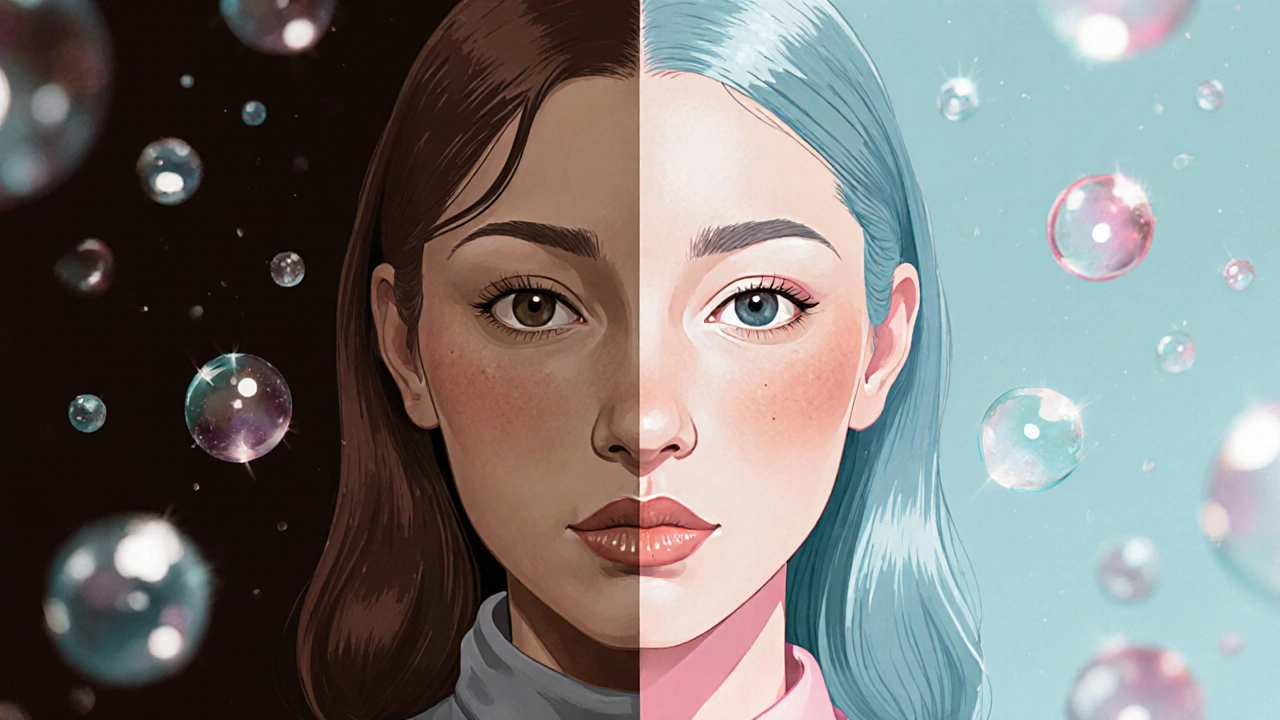 Разделенный портрет: одна половина лица в тусклых тонах, другая — в свежих розовом и синем, с эффектом света.
