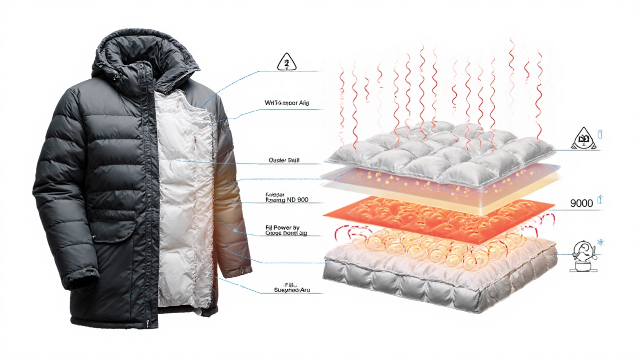 Разрез зимней куртки, показывающий слои утеплителя и воздушные карманы с fill power 900.