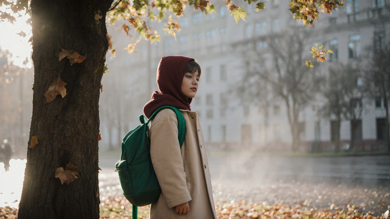 Ребёнок в бежевом пальто с бордовым капюшоном стоит под деревом с опавшими листьями в парке Санкт-Петербурга.