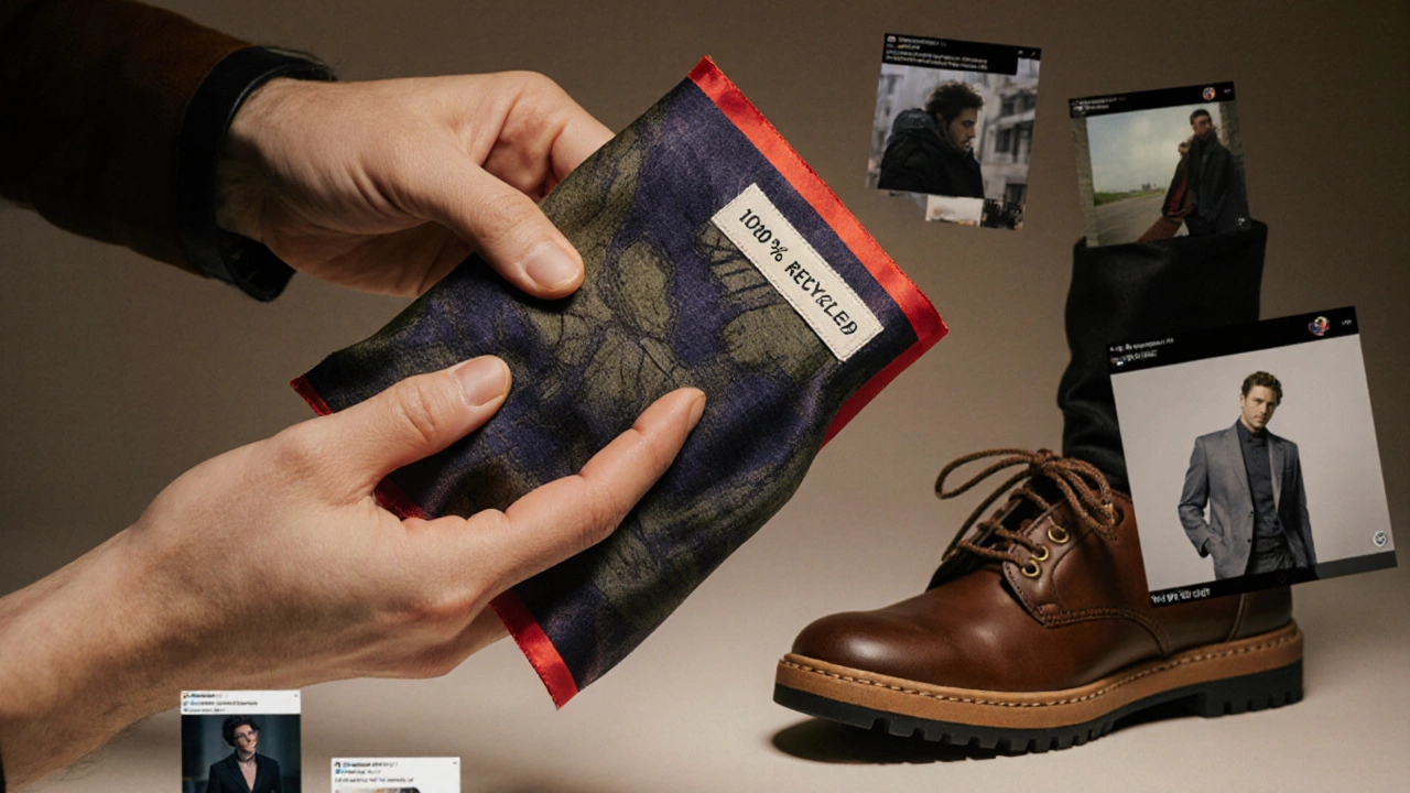 Рука держит сложенный шарф с этикеткой из переработанного нейлона и обувь с подошвой из переработанной резины.