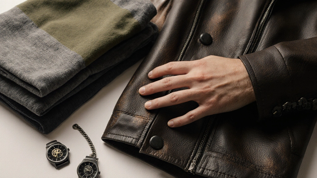 Рука касается матовой кожаной куртки рядом с органическими хлопковыми рубашками и тонкой цепочкой.