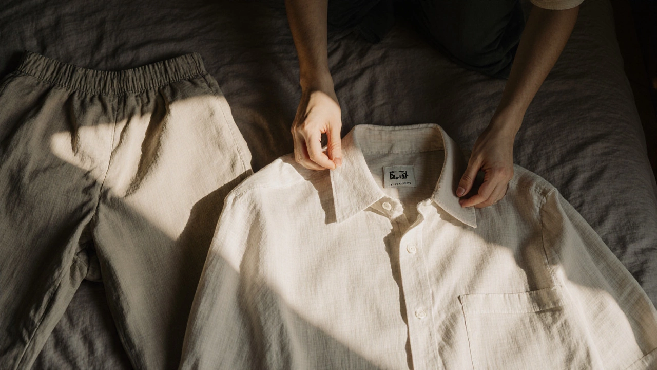 Руки складывают льняную рубашку и широкие брюки на постели, мягкий свет, натуральные ткани, без аксессуаров.