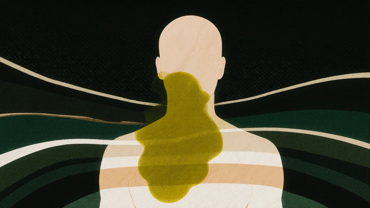 Силуэт человека с токсичным оливково-желтым пятном на груди, окруженный сияющими полосами белого, бежевого и темно-зеленого.