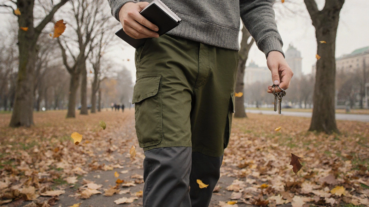 Современные карго-брюки в оливковом цвете с простым свитером в парке.