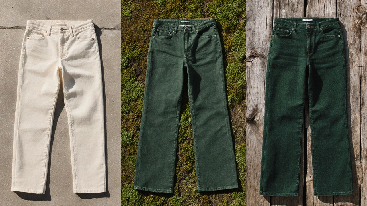 Три пары джинсов разных фасонов и цветов на натуральных поверхностях.