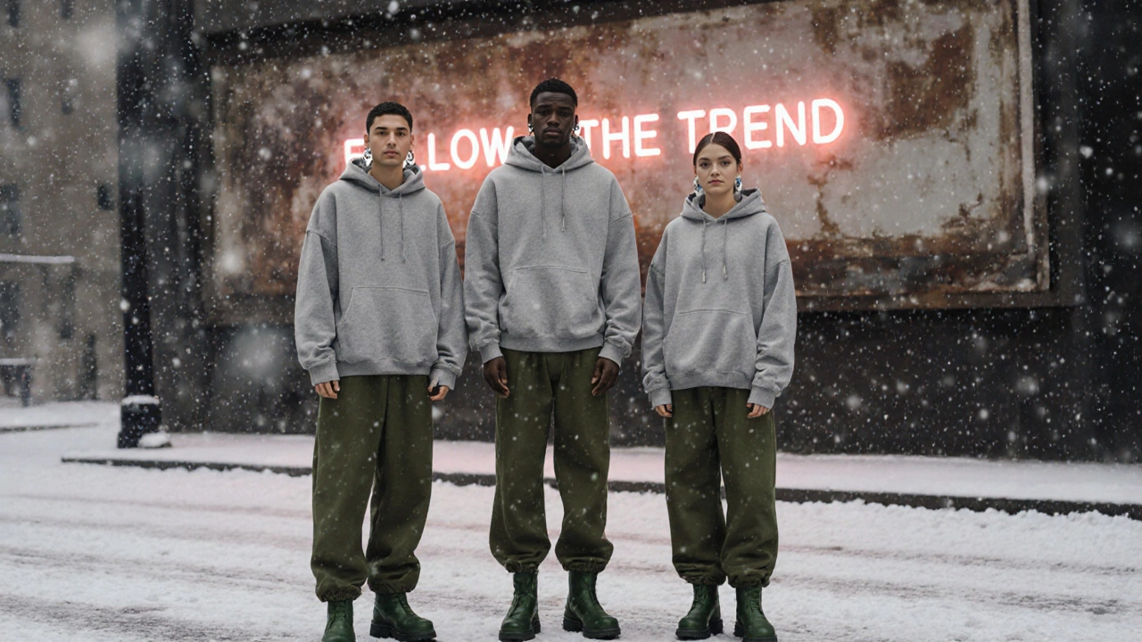 Трое молодых людей в одинаковой минималистичной одежде идут по зимней улице, игнорируя яркую рекламу за спиной.