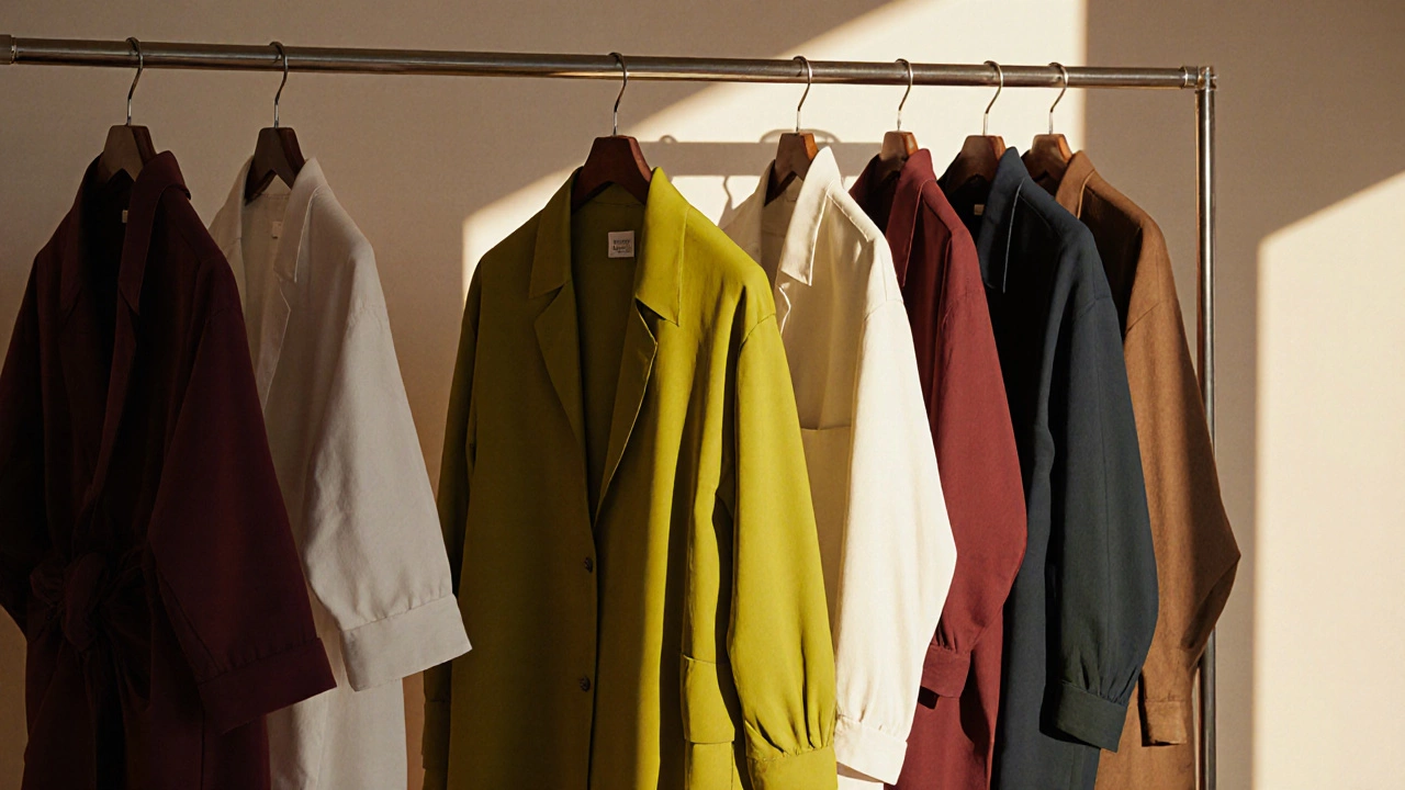 Витрина магазина: унылая оливково-желтая вещь среди ярких и привлекательных цветов — белого, бордового и глубокого зеленого.