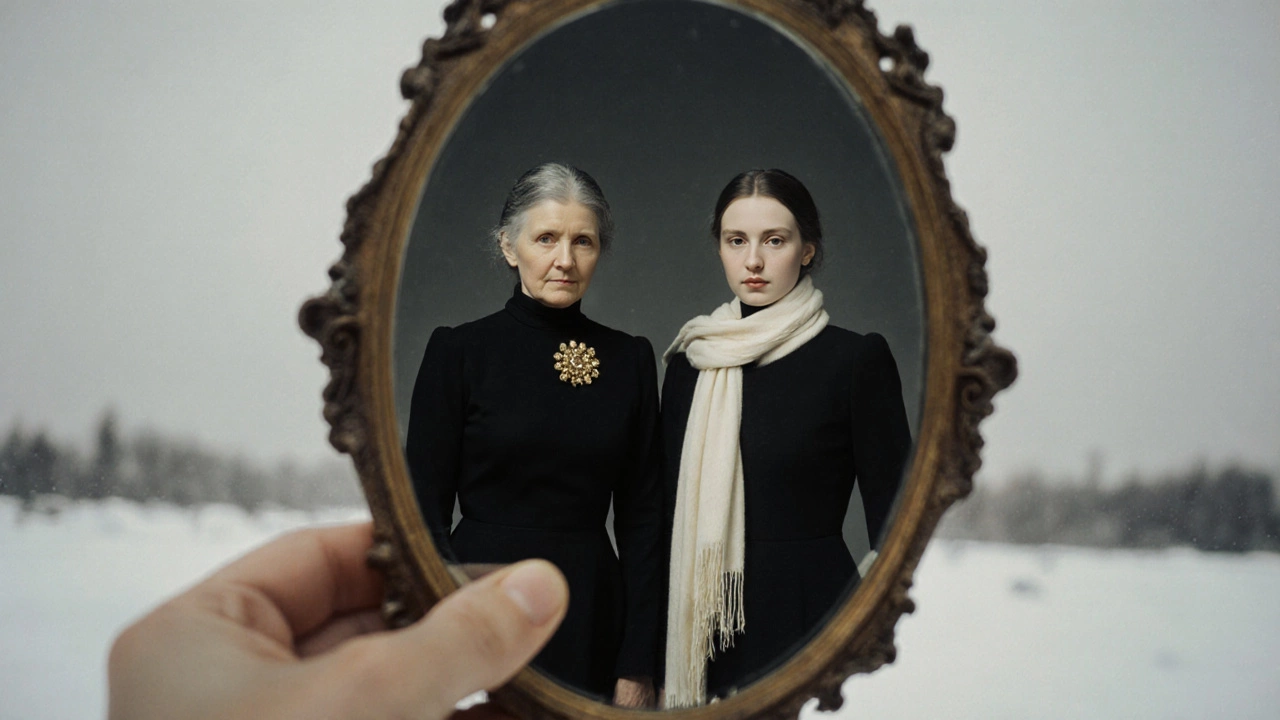 Зеркало отражает две версии женщины: одна в черном без акцентов, другая — с золотой брошью и кремовым шарфом.