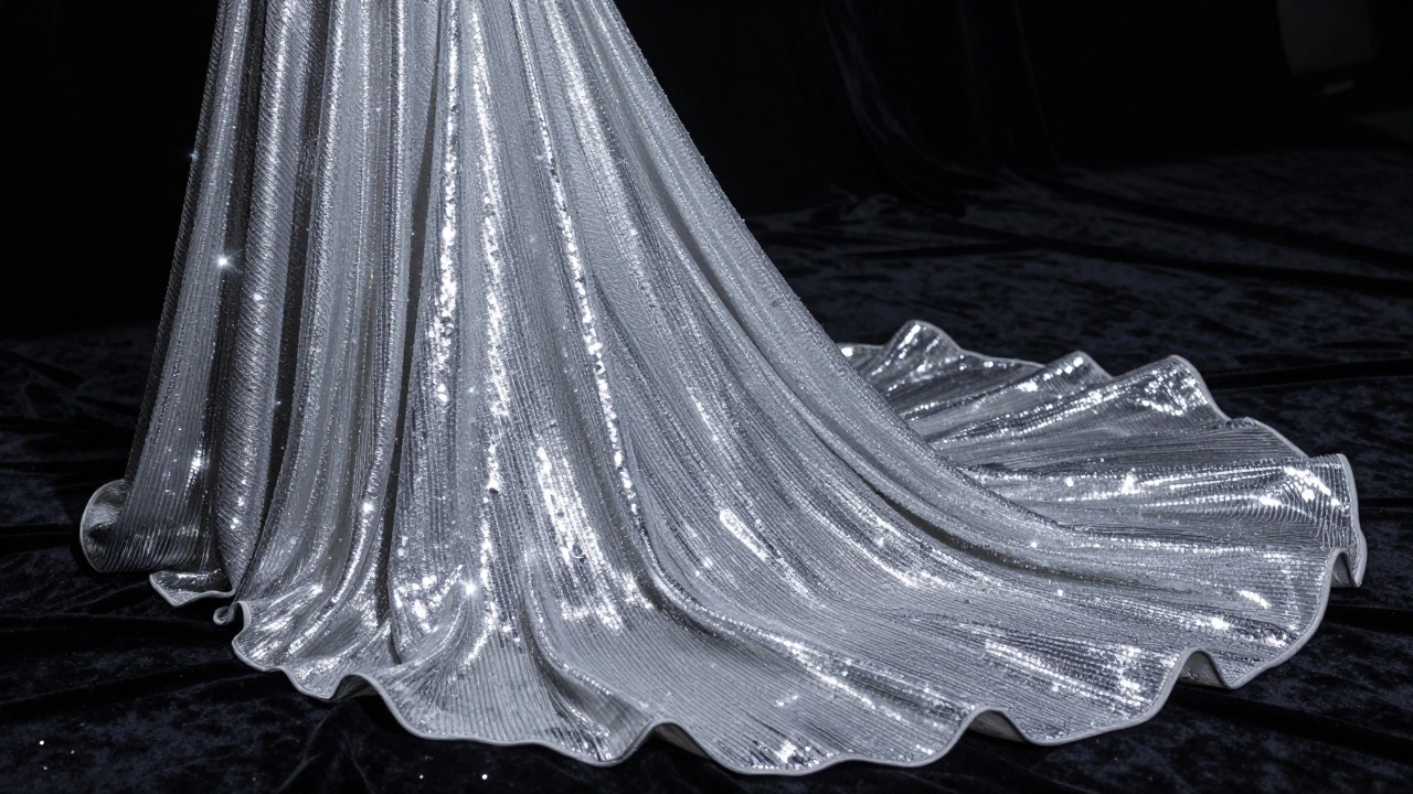 Блестящая серебряная ткань в виде платья под сценическим светом.