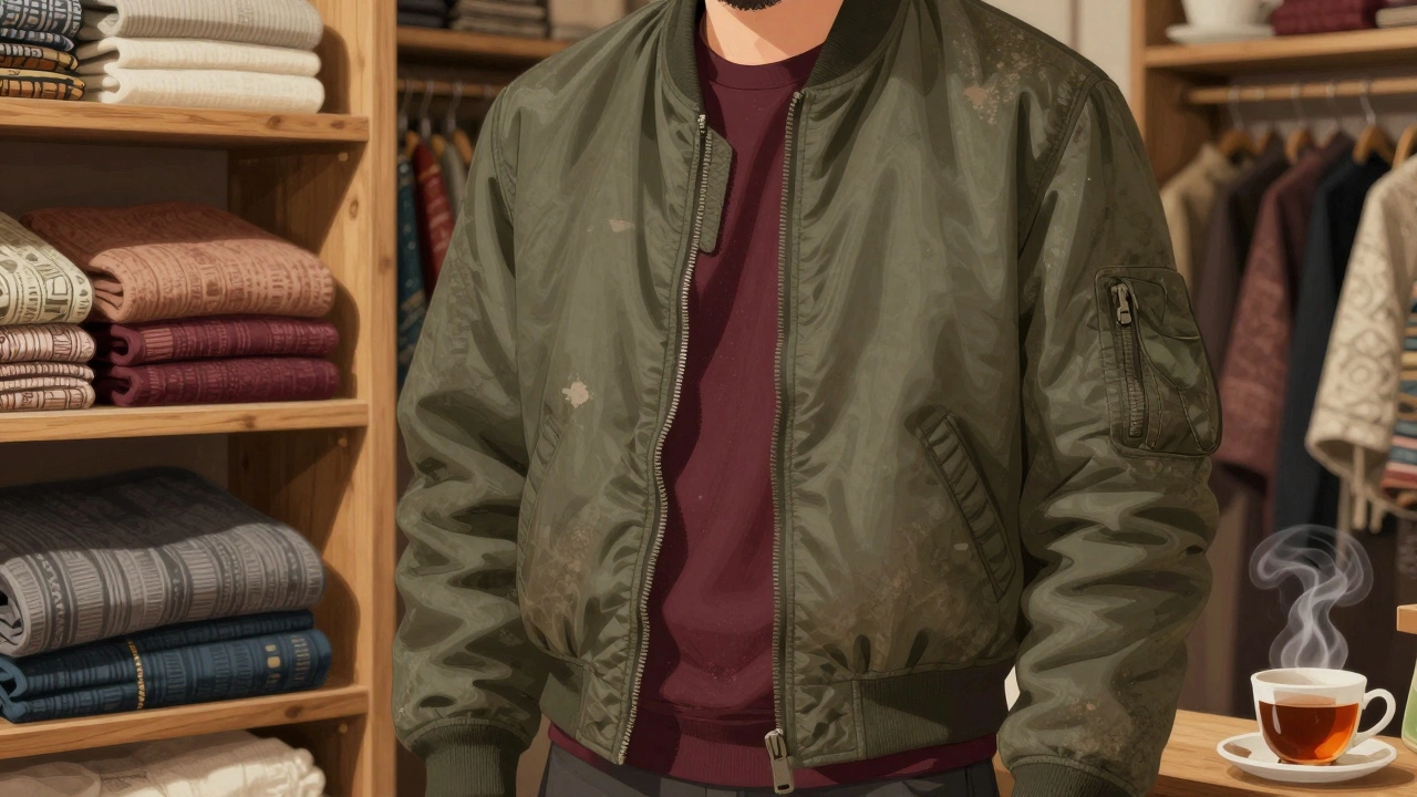 Бомбер с контрастной бордовой подкладкой, расстёгнутый наполовину, на фоне тканей в бутике.