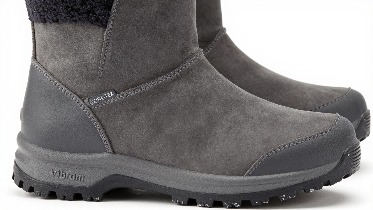 Детали зимних сапог: текстурированная кожа, утеплитель Thinsulate и протектор Vibram на морозе.