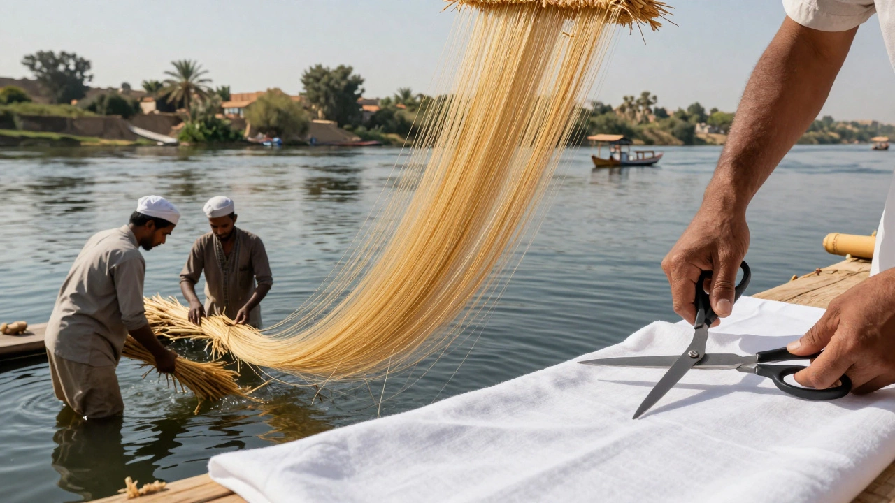 Египетский лён сушится и прядётся у реки Нил под солнцем.