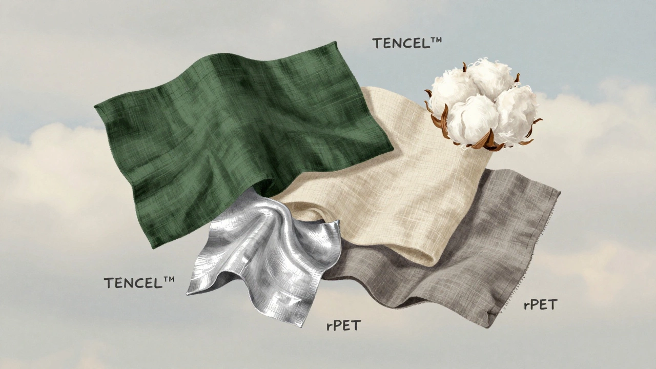 Коллаж тканей: органический хлопок, лен, TENCEL™ и переработанный полиэстер, на фоне неба, каждая ткань визуально различима.