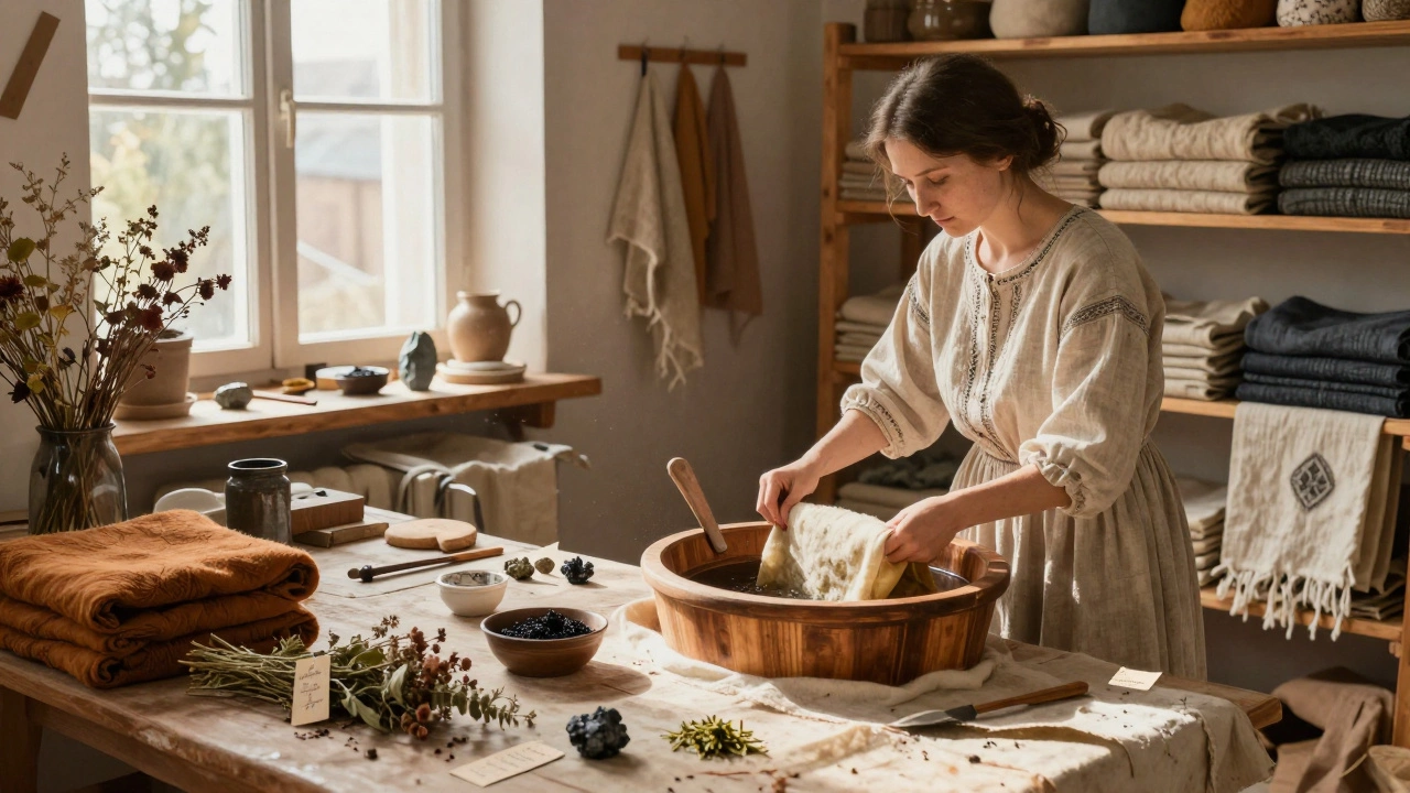 Мастерская в Костроме: ручная окраска тканей натуральными красителями в лучах солнца.
