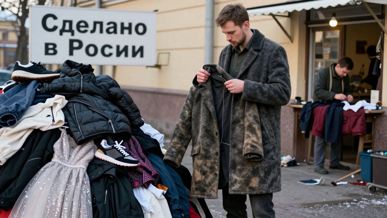 Мужчина держит долговечное пальто рядом с выброшенной быстрой модой — символ смены ценностей.
