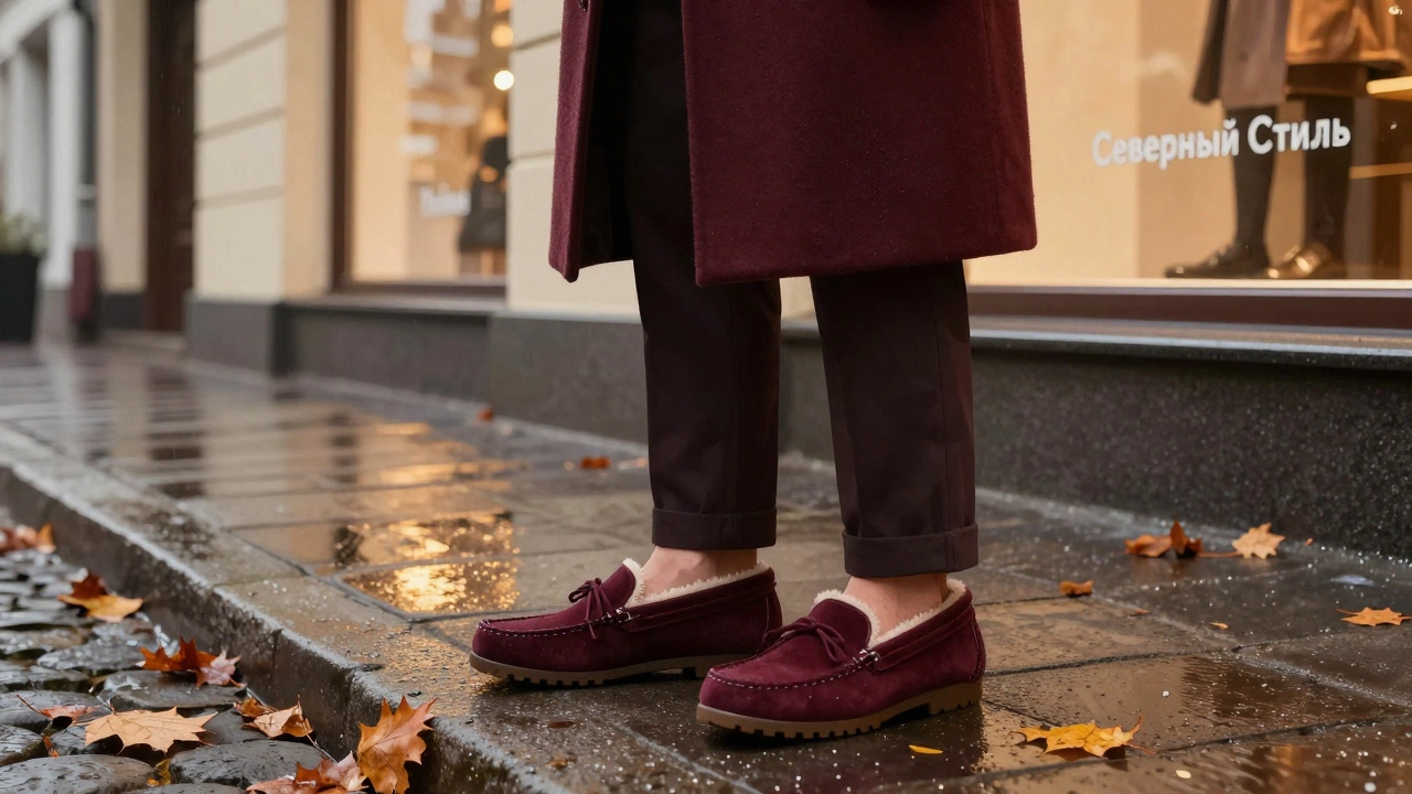 Мужчина в утепленных мокасинах бордового цвета на мокрой брусчатке.