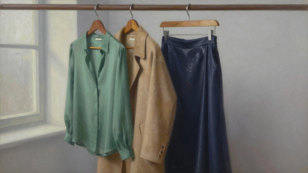 На деревянной вешалке висят зелёная блузка, бежевое пальто и тёмно-синяя юбка, мягкий утренний свет.