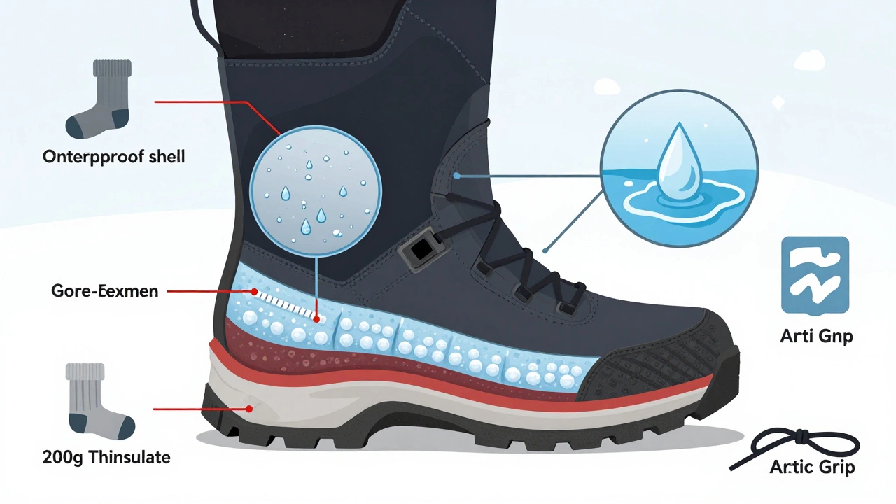 Разрез зимней обуви с мембраной Gore-Tex, показывающий поры, утеплитель и термостойкую подошву, с пояснительными иконками.