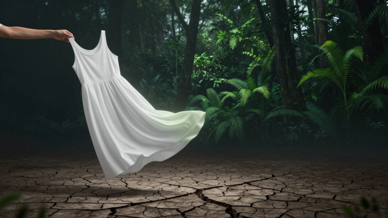 Рука держит платье из TENCEL™, ткань стекает вниз, превращая засохшую землю в лес, символизируя замкнутый цикл производства.