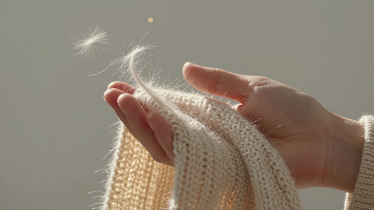 Рука держит свитер из мериносовой шерсти, видны тонкие волокна