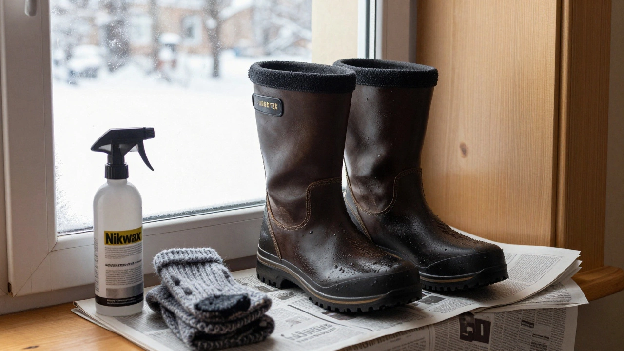 Сушившиеся зимние ботинки с Gore-Tex на газетах в помещении, рядом спрей для ухода и шерстяные носки.