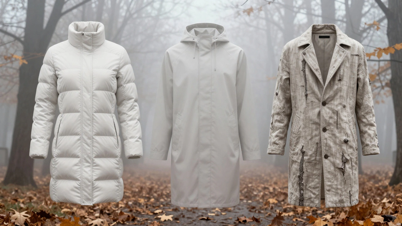 Три осенние куртки в тумане: пуховик, ветровка и текстурированная куртка без деталей.