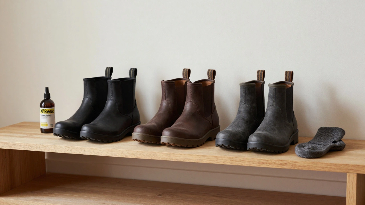 Три пары минималистичных зимних сапог на деревянной полке с средствами для ухода.