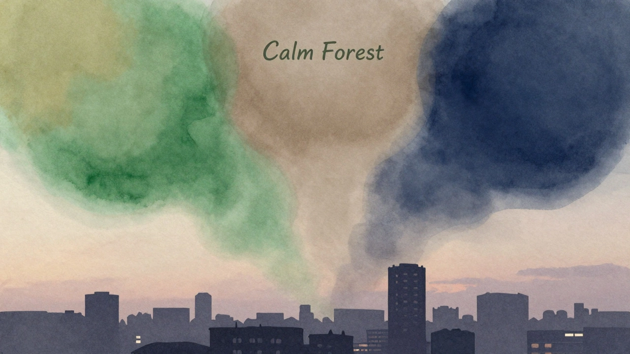 Три приглушённых цвета — зелёный, бежевый и тёмно-синий — плавно сливаются в водяной технике над городским силуэтом.