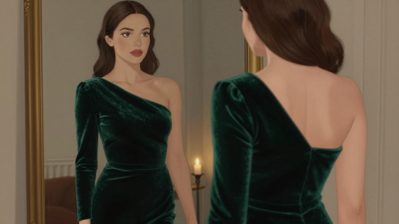 Женщина в платье с одним открытым плечом и длинным рукавом из бархата, смотрящая в зеркало.